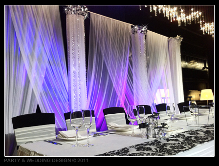 decorated Columns with white drapes between them lighting