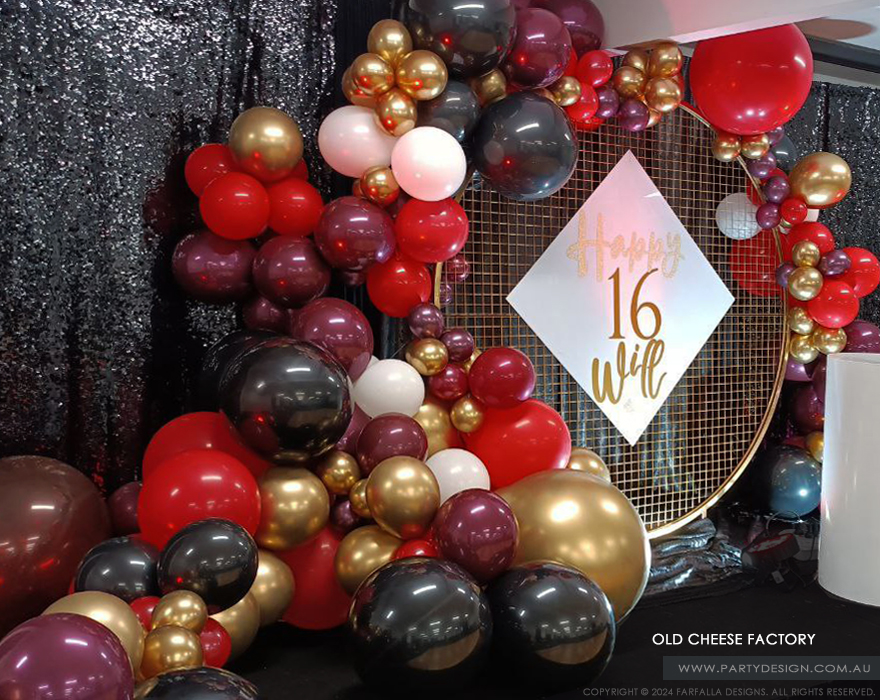 Birthday Party. Gold, Burgundy and Black Baloons