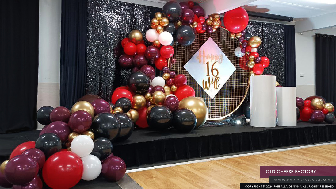 Birthday Party. Gold, Burgundy and Black Baloons