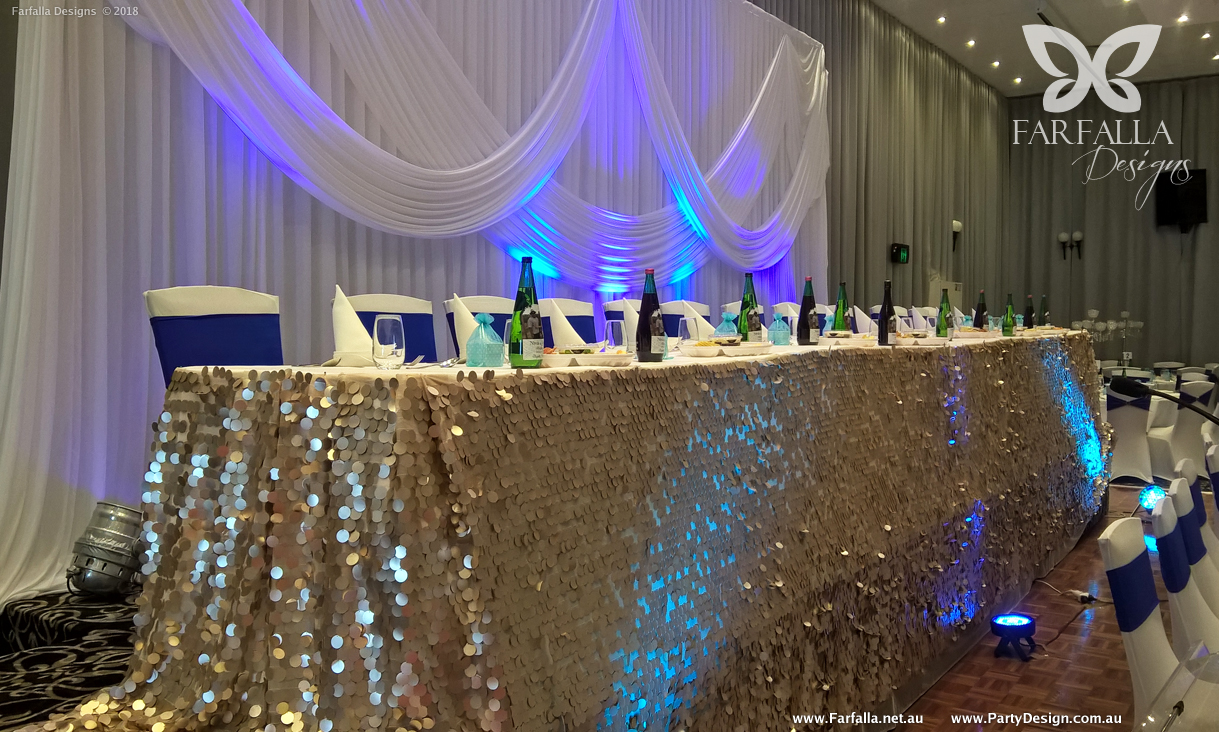 Photo 90.  <b>Grand On Princess: White Backdrop, Rose Gold Sequin Table Skirting</b>