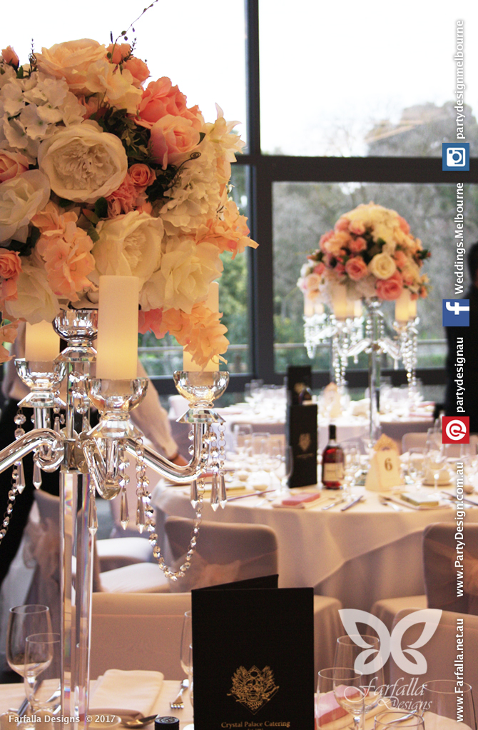 Photo 5.  <b>Leonda By The Yarra: Crystal Candelabra with Peach, Cream   Champagne Floral Top and led real wax candles</b>